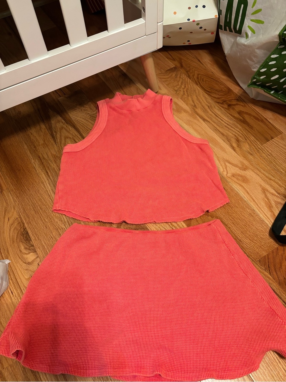 Women's Coral Ribbed Crop Top and Skirt Set